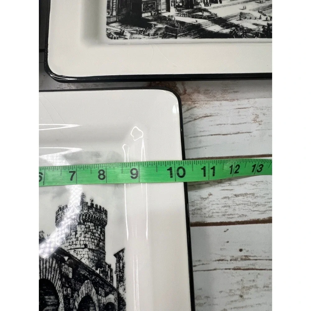 Brunelli Square Dinner Plates Cream Black Italian Architecture Set of 3 - 10in